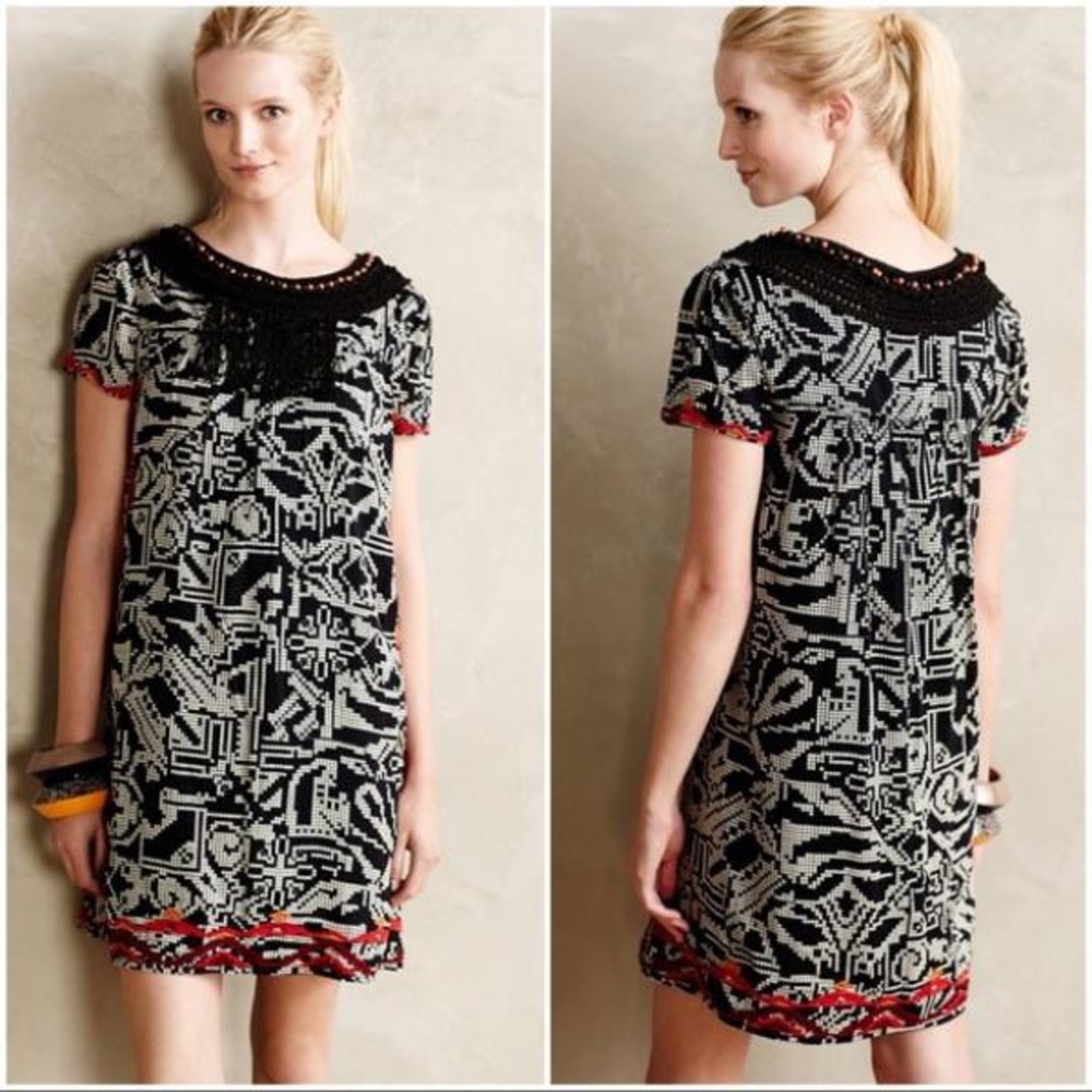 Anthropologie Floreat Abelia Beaded Crochet Fringe Embroidered Aztec Shirt Dress